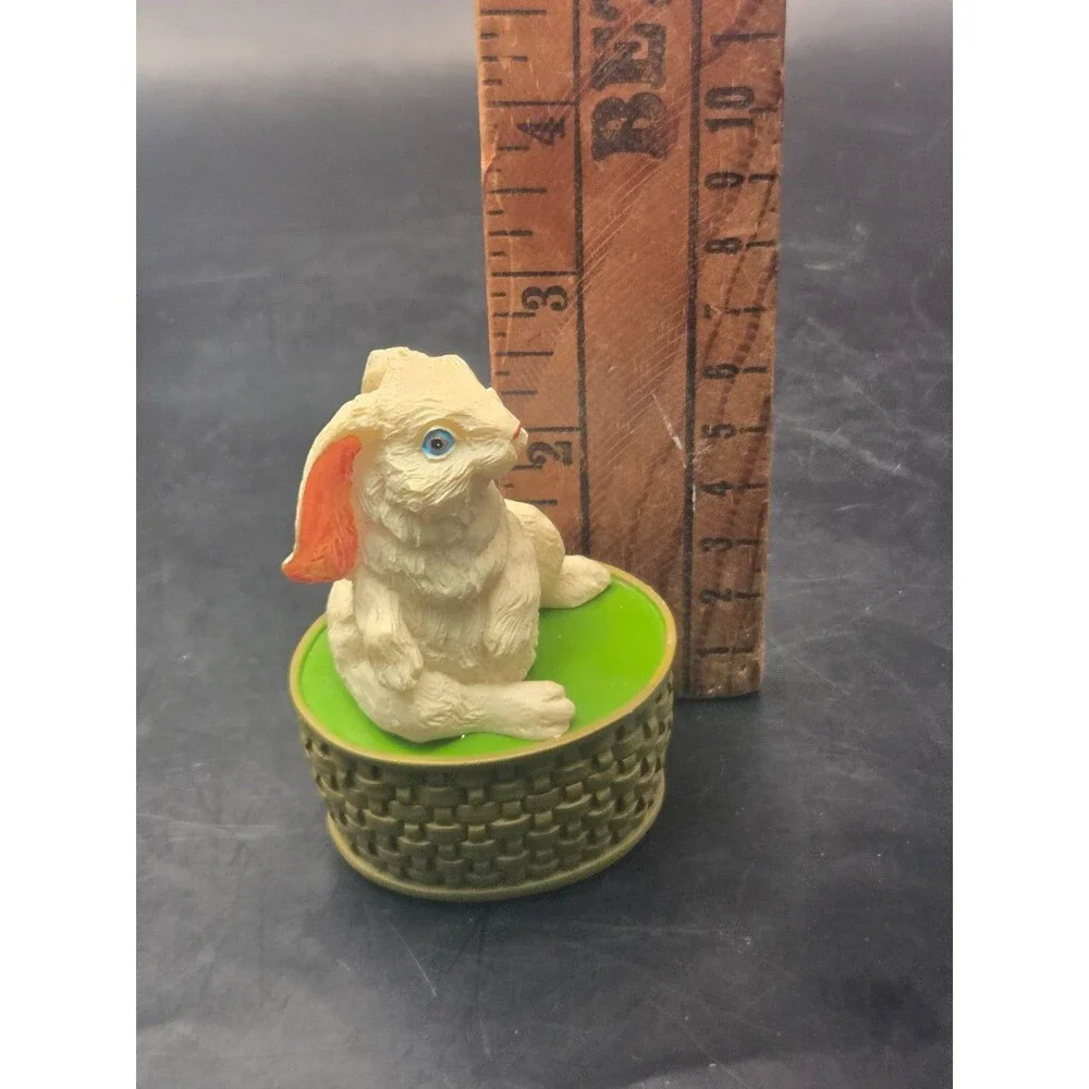 Vintage Bunny Rabbit On Top of a Basket Trinket Box Figurine White Rabbit
